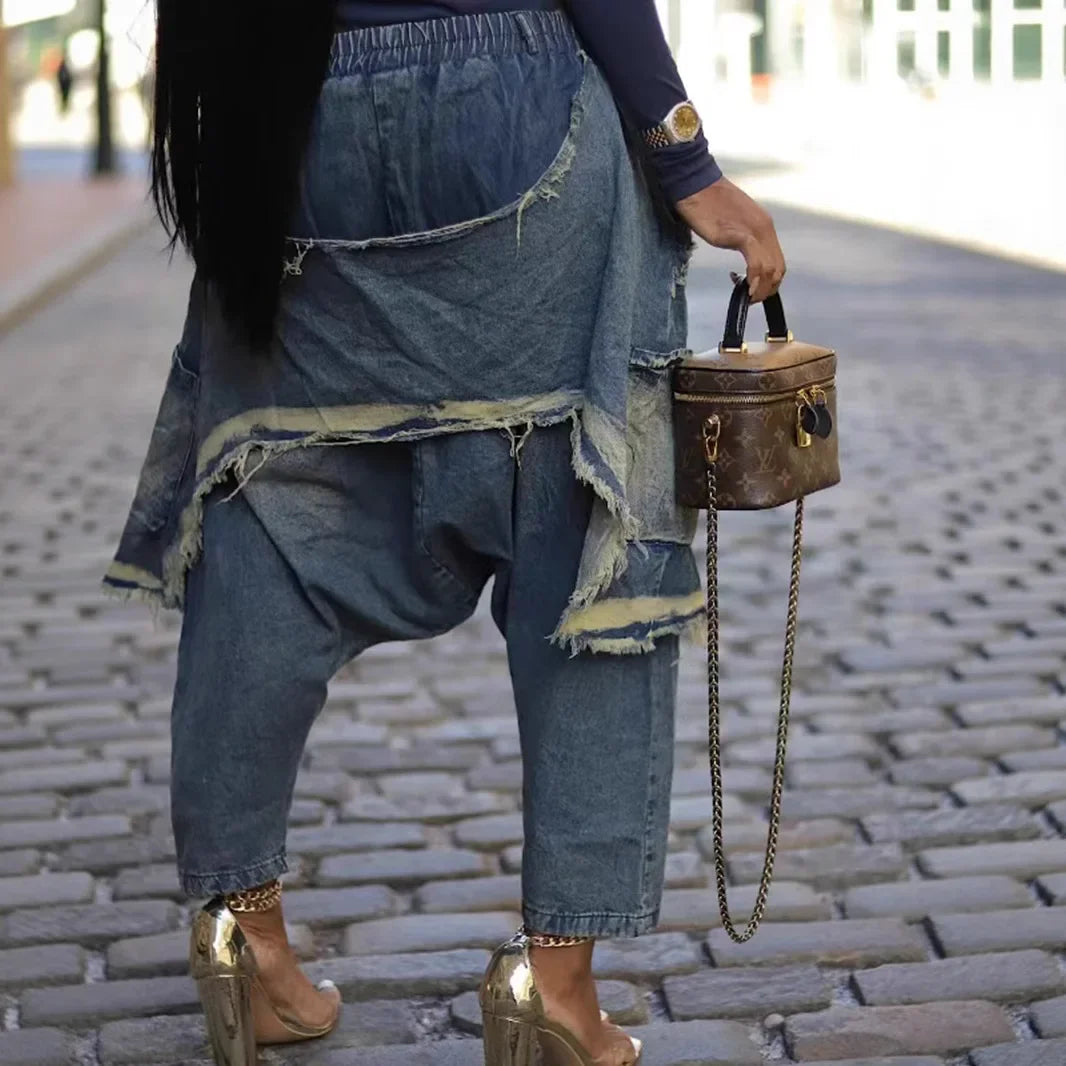 Women Jeans Harem Pants Hip Hop Punk Denim Pant Hole Elastic Waist Washed Distressed Pockets Streetwear 2025 Ripped Trousers