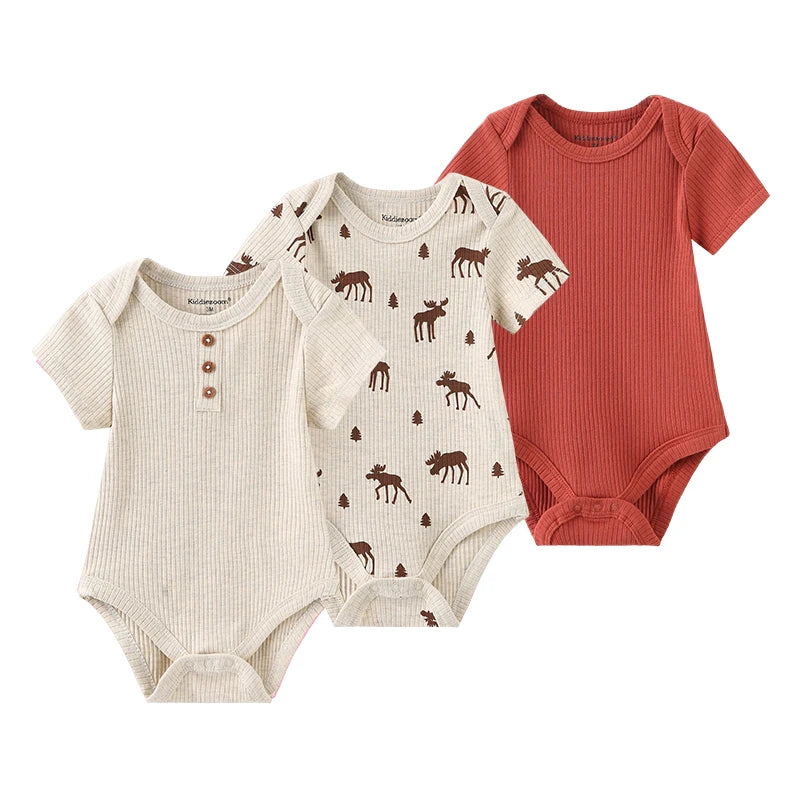 Kiddiezoom 3 PCS Fashion Summer Short Sleeve Cartoon Baby Bodysuit Cotton Newborn Boy Girl Clothes