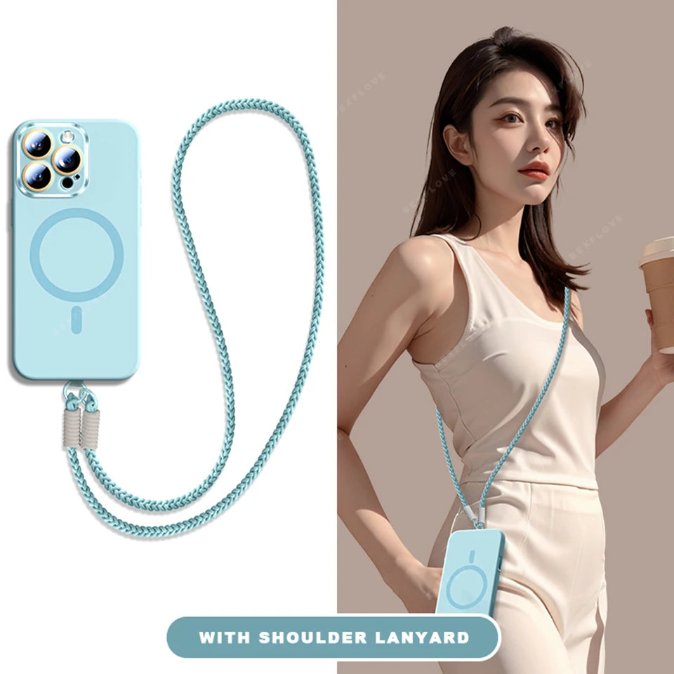 Lanyard Magnetic Phone Case For iPhone 15 14 16 Plus 11 12 13 16 Pro Max Magsafe Liquid Silicone Strap Charge Protector Cover