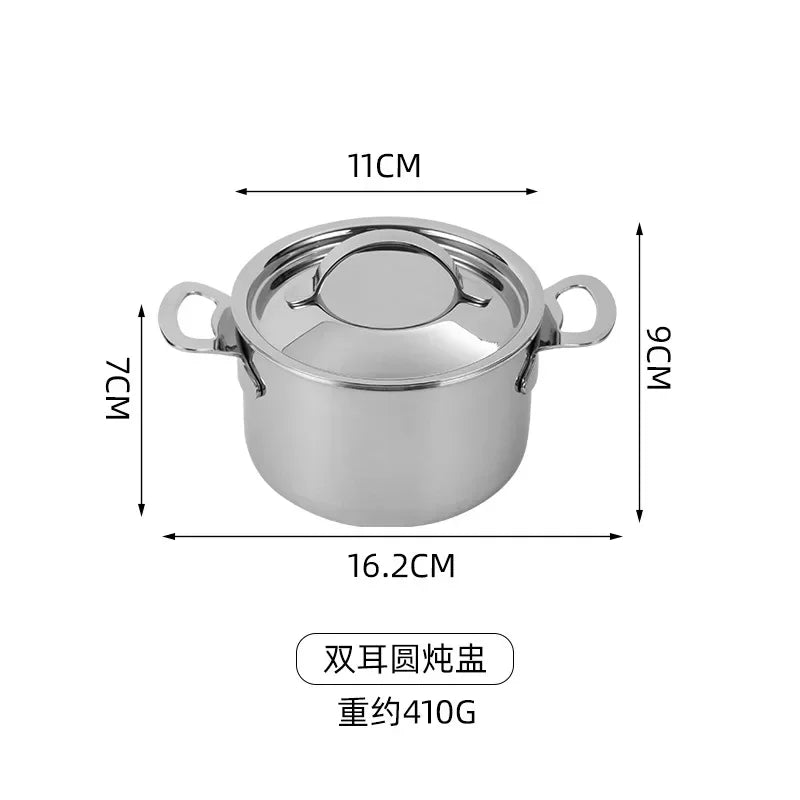 304 Stainless Steel Mini Soup Pot with Lid Double Handle Stock Pots Cookware for Single Person Household Kitchenware