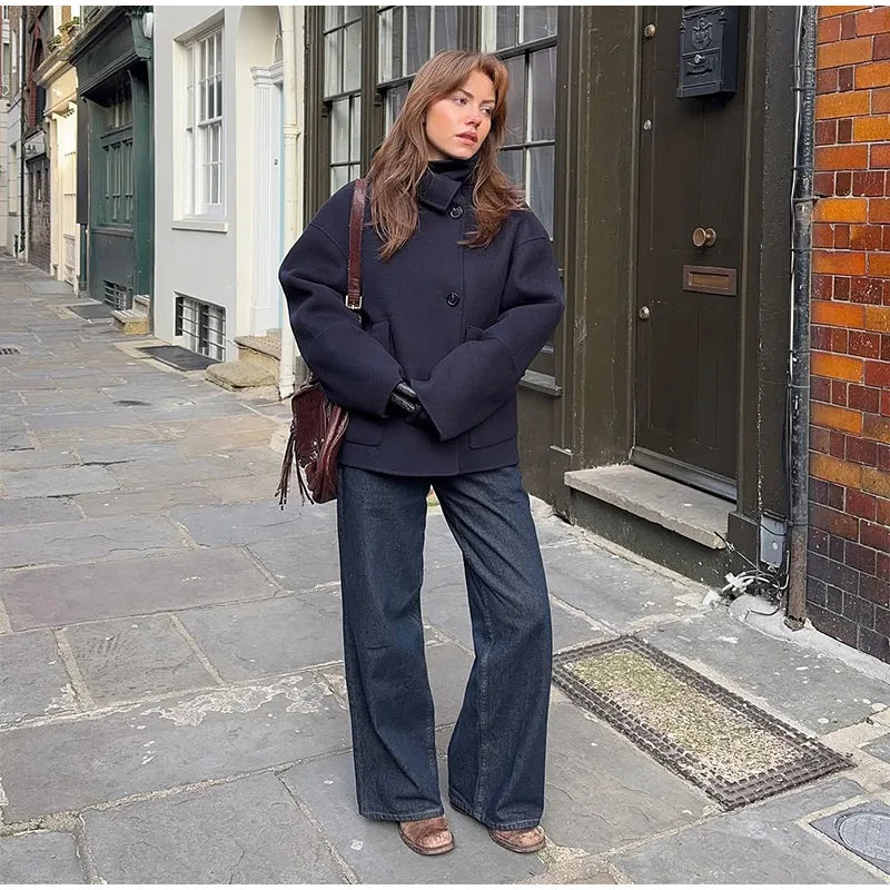 Casual Women's Short Woolen Coats Loose Lapel Single-breasted Long Sleeve Thick Jacket 2025 Autumn Winter Lady Elegant Outwear
