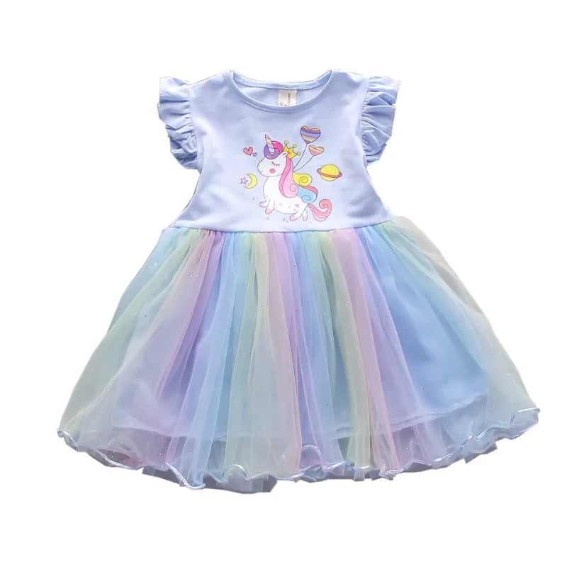Summer Princess Unicorn Party Dress for Girls with Flying Sleeves Children's Clothing 3-8 Years Old Baby Dresses
