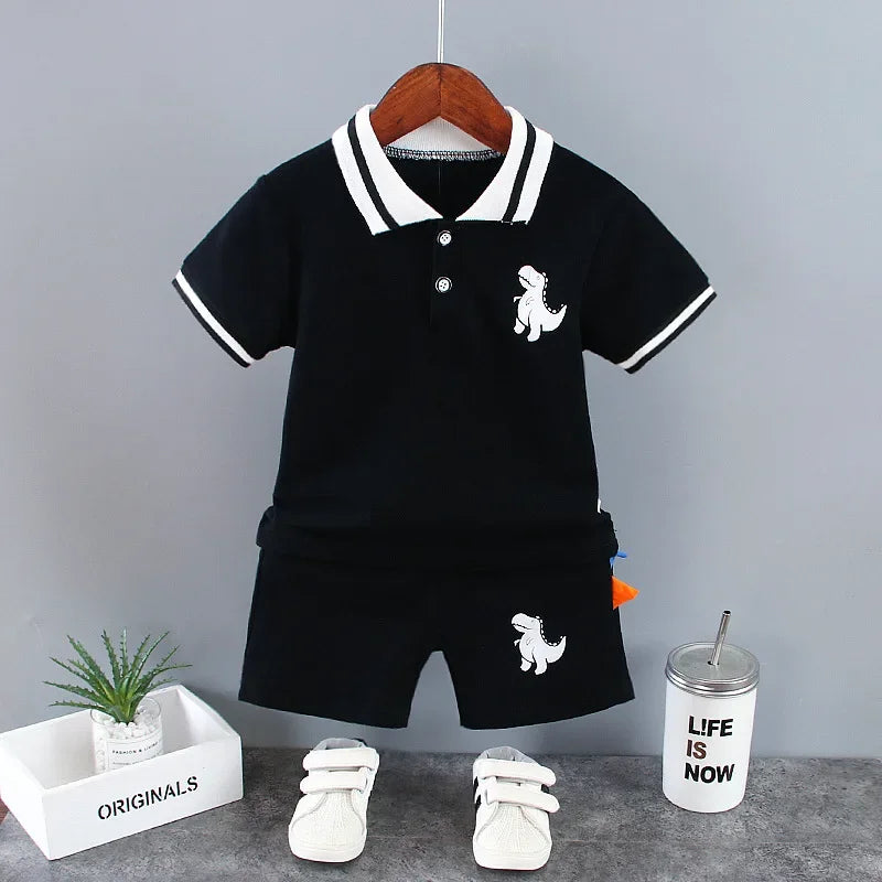 New Summer Outfits Baby Boys 9 To 12 Months Dinosaur Printed Turn-down Collar T-shirts Tops and Shorts 2PCS Infant Clothing Sets