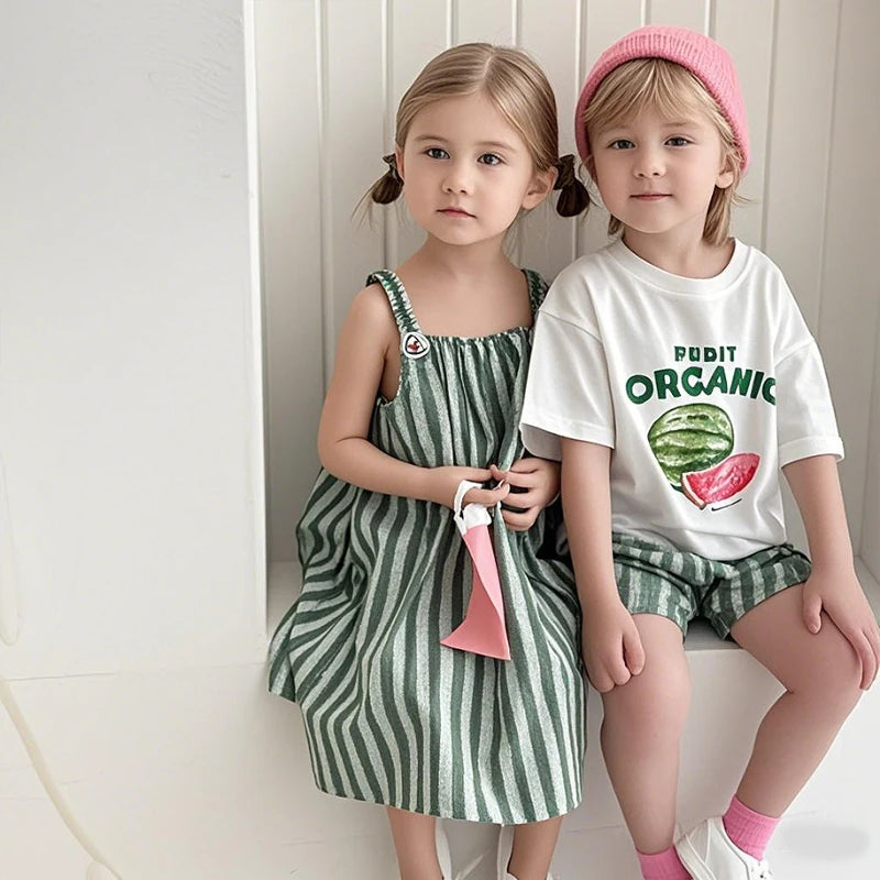 Children Clothes 2025 Summer New Cotton Stripe Baby Girl Suspender Dress Or Boy's Suit Brother And Sister Clothes