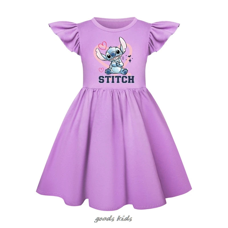 Hot Lilo And Stitch Flying Sleeve Girls Colorful Dress And Bag Summer Kids Party Dresses Children Clothing Vestidos Outfits