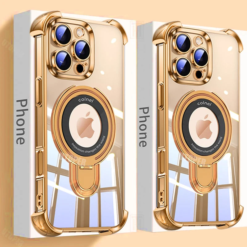 Luxury Golden Platinum TPU Ring Stand Transparent Phone Case for iPhone 16 15 14 13 11 12 Pro Max Plus - Magsafe Magnetic Protective Cover