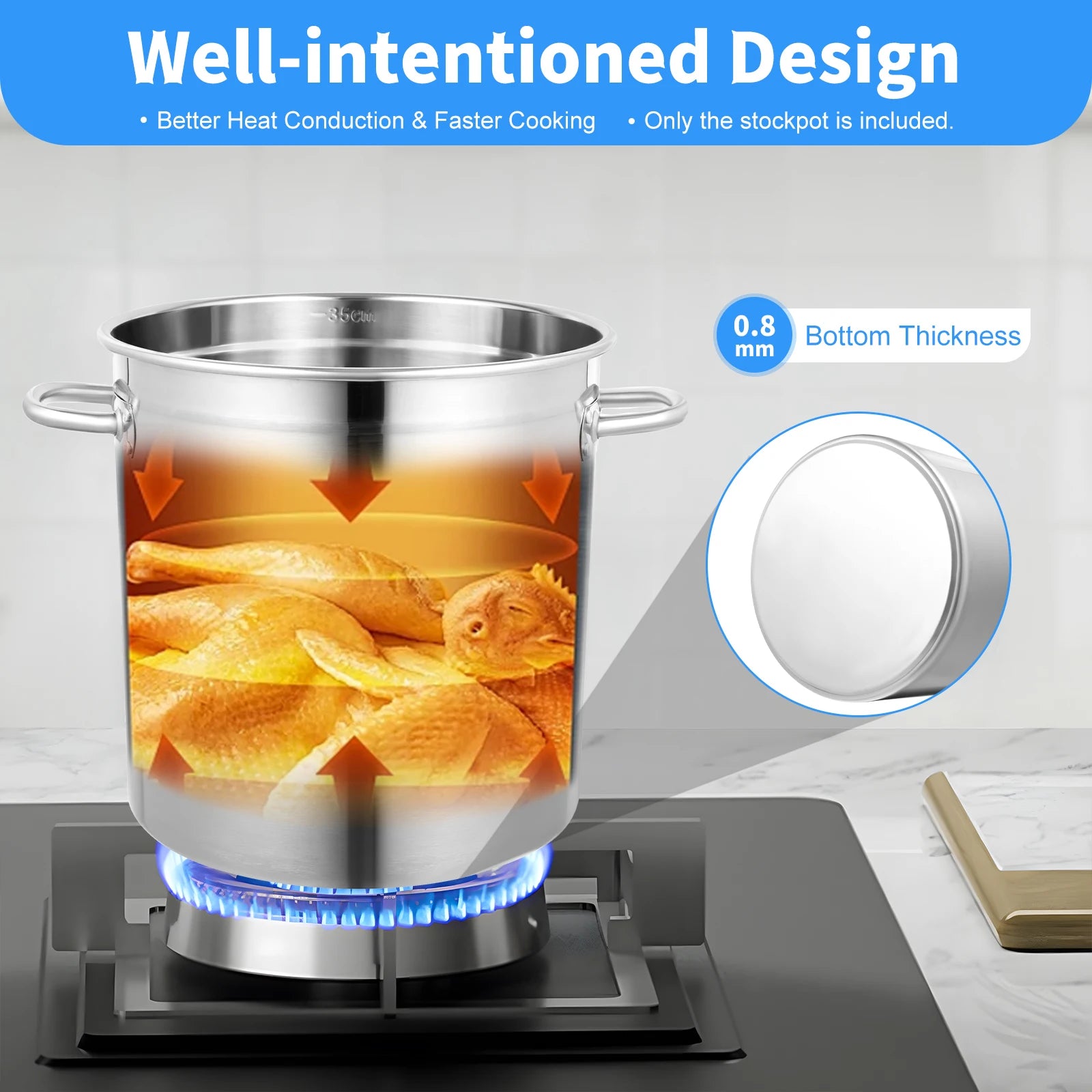 35L Cooking Pot Stainless Steel Large Capacity Stockpot Whole Clad Stock Pot Canning Sauce Pot Steamer Cookware for Restaurant