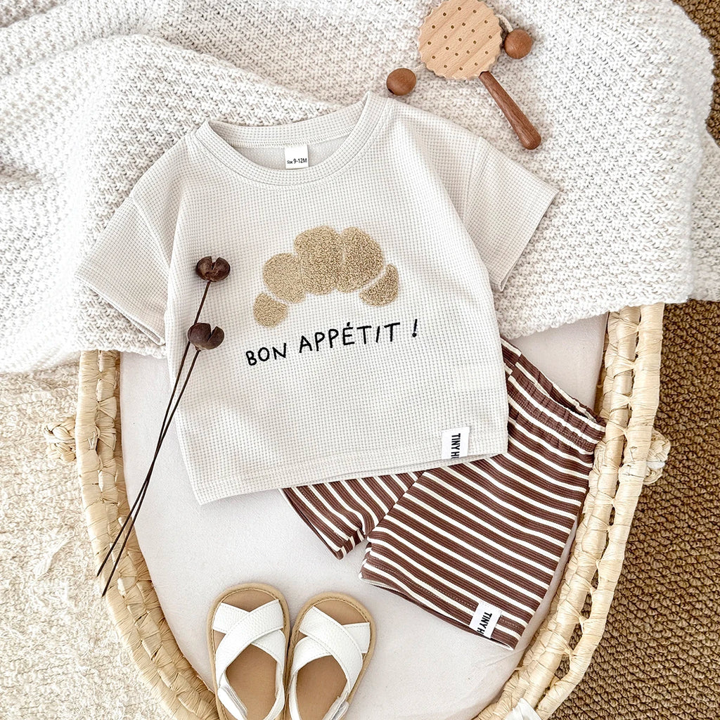 2025 Summer Korea Baby Boys Suit Waffle Cookies Towel Patchwork T-shirts+Shorts Girls Casul Infant Sets Toddler Clothes 2Pcs/Set