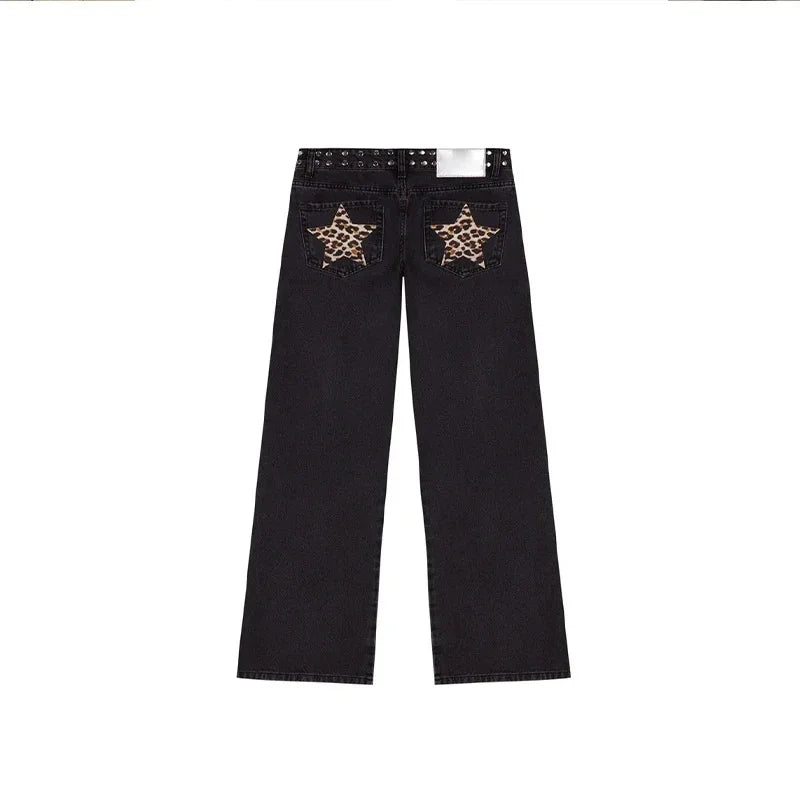 Women Y2K Vintage Jeans Patchwork Leopard Star Pattern Metal Rivet Jeans Female Baggy Casual Straight Leg Pants Women Clothing