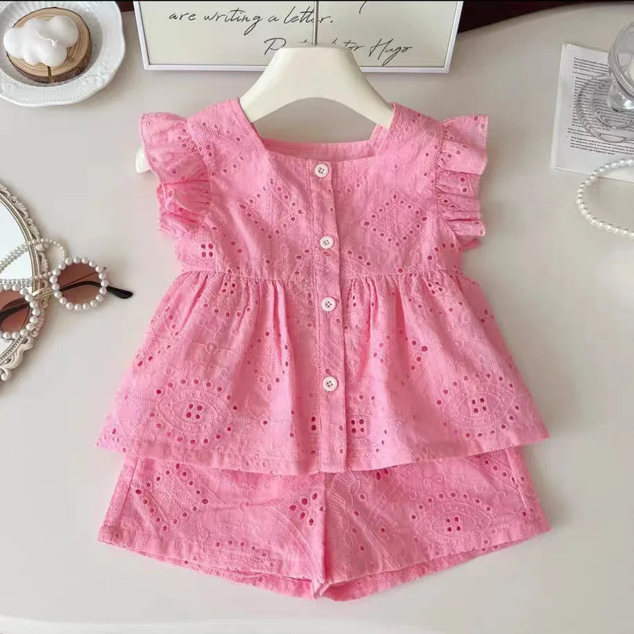 New Korean style girls' summer pink cotton suit baby hollow small flying sleeve top + shorts two-piece sweet baby girl suit