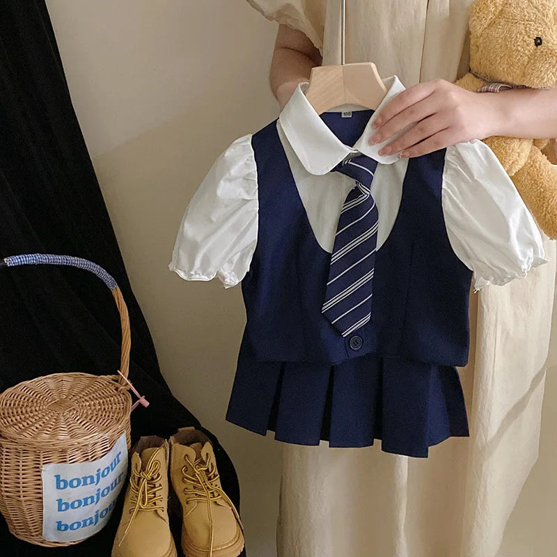 Summer Girls 2 Pcs clothes Set Baby Blouse+Pleated Skirt Kid suit Children Clothing Toddler Suit Fashion Preppy outfits Tie 2-10
