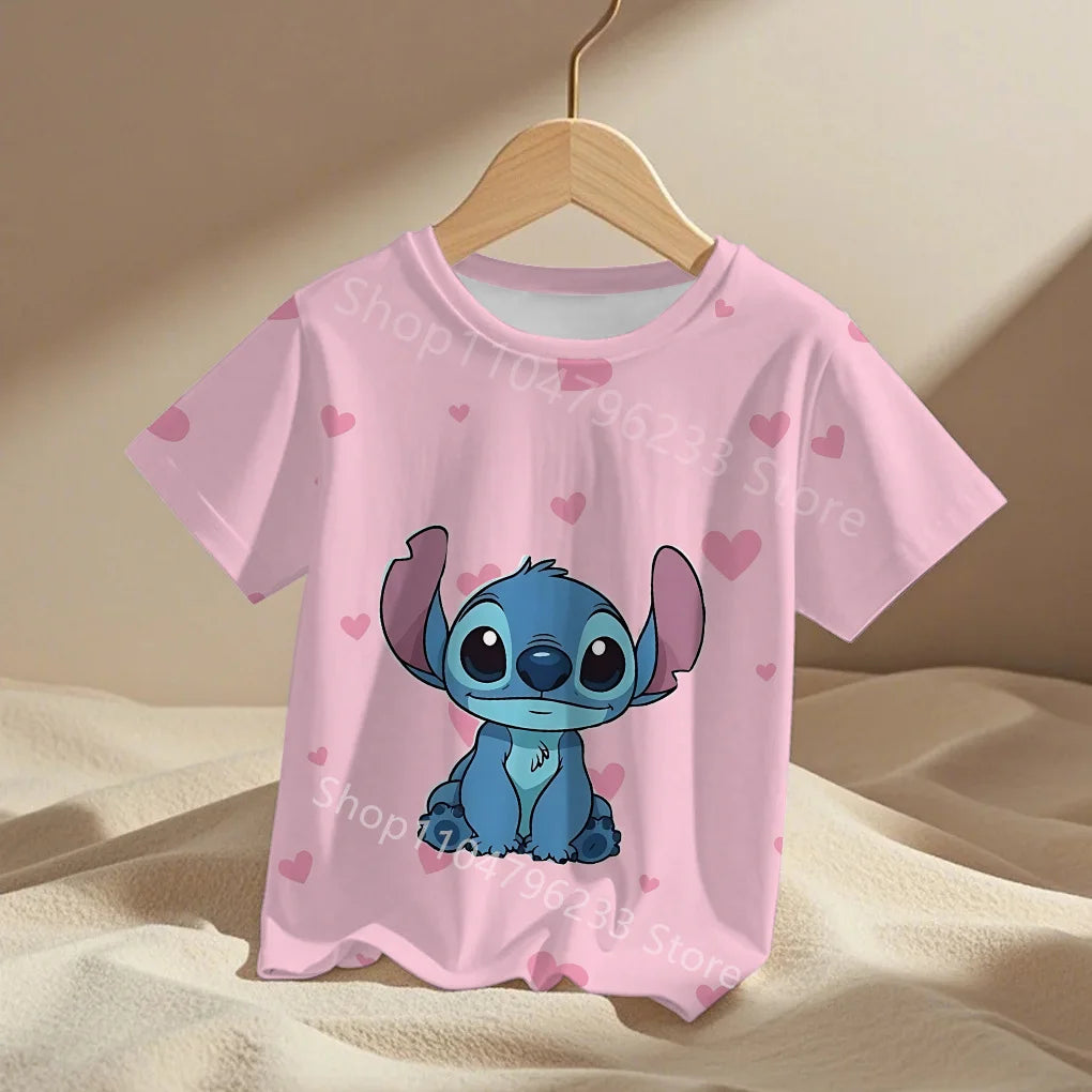 3-14Y Children's Disney Stitch T Shirts Summer Girls Lovely Short Sleeve Daily Casual Tops Boys T-shirt Homewear Graphic Tees