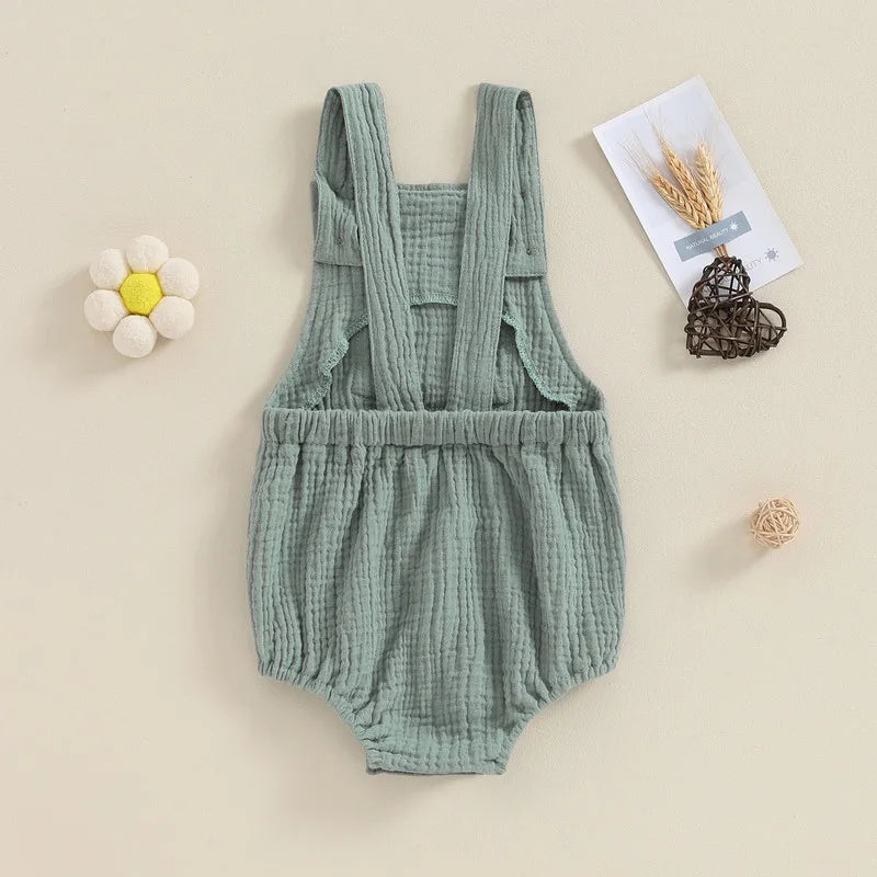 Newborn Baby Girl Boy Cotton Linen Suspender Bodysuit Summer Clothes Solid Color Sleeveless Square Neck Jumpsuit for Kids