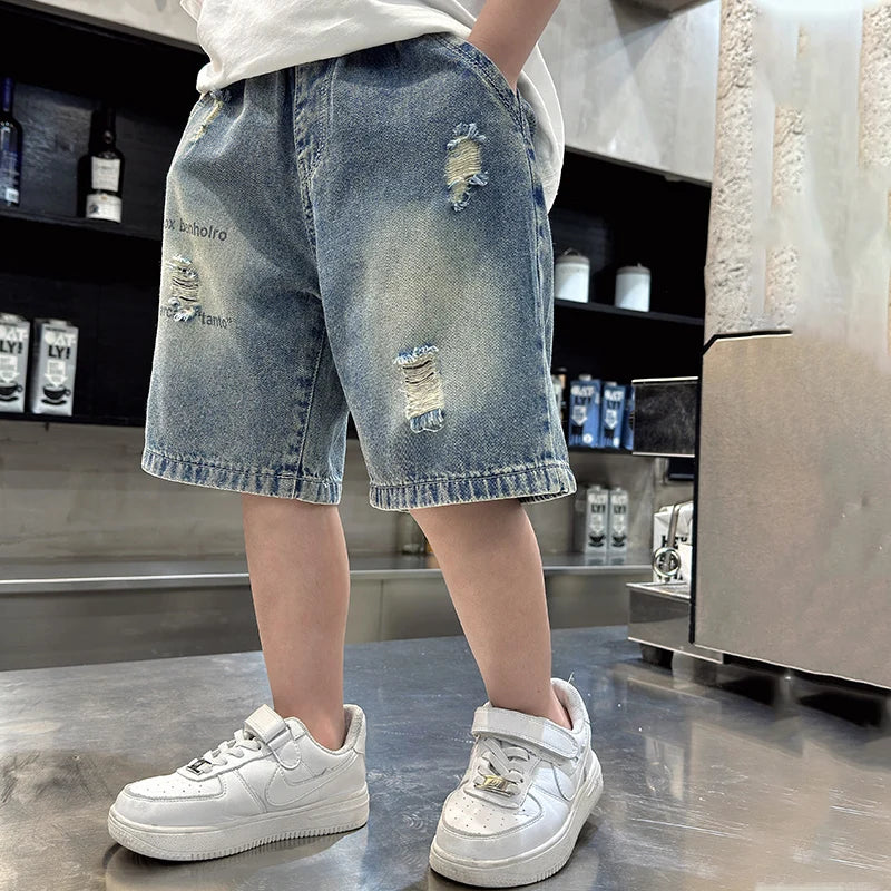 Fashion Kids Boy Street Style Ripped Denim Shorts Vintage Wash Casual Broken Summer Shorts With Holes Child Cool Destroy Bottoms