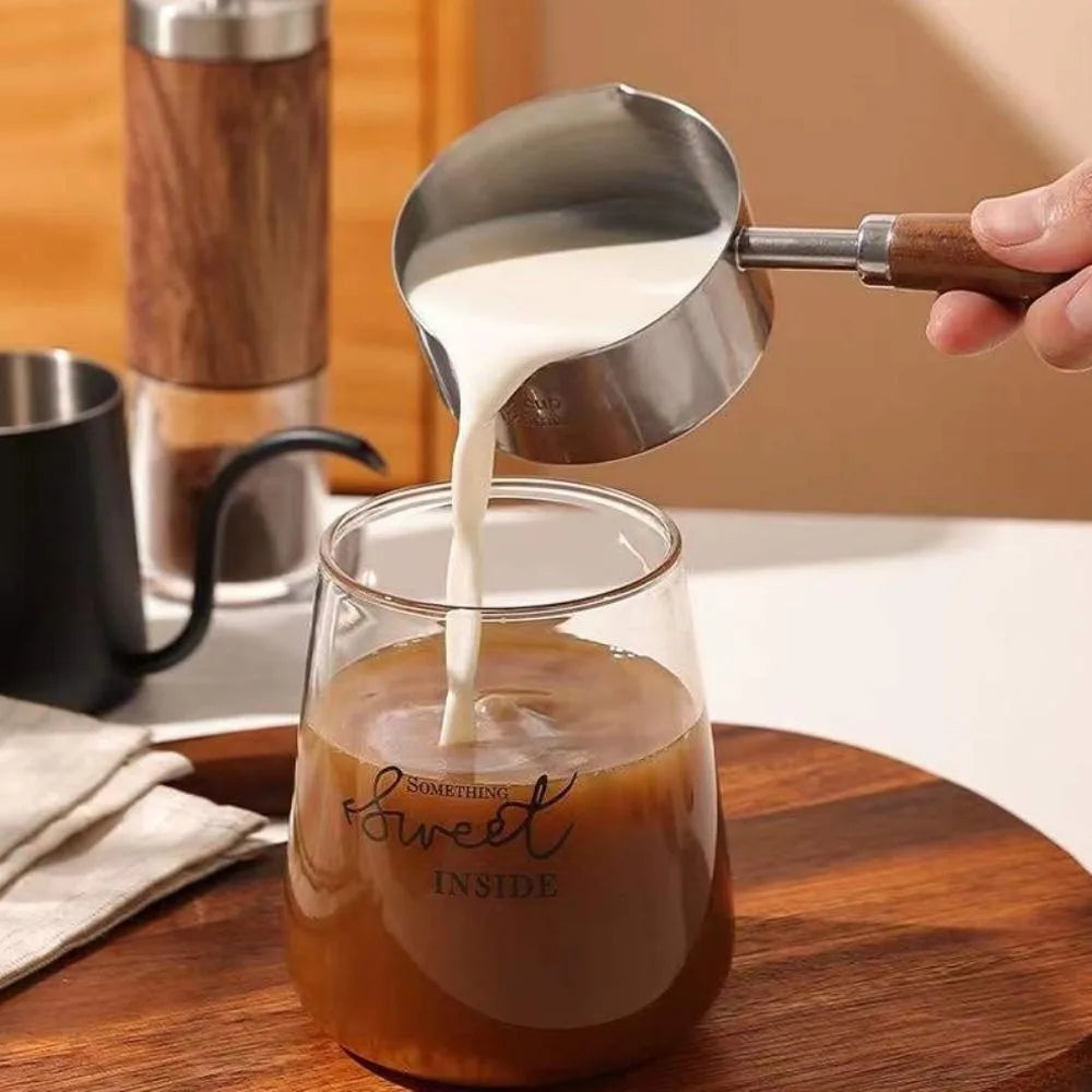 Dripping Sauce Pot Wooden Handle Milk Pan 304 Stainless Steel Spout Oil Pot Deepen with Scale Small Sauce Pan Butter Melting
