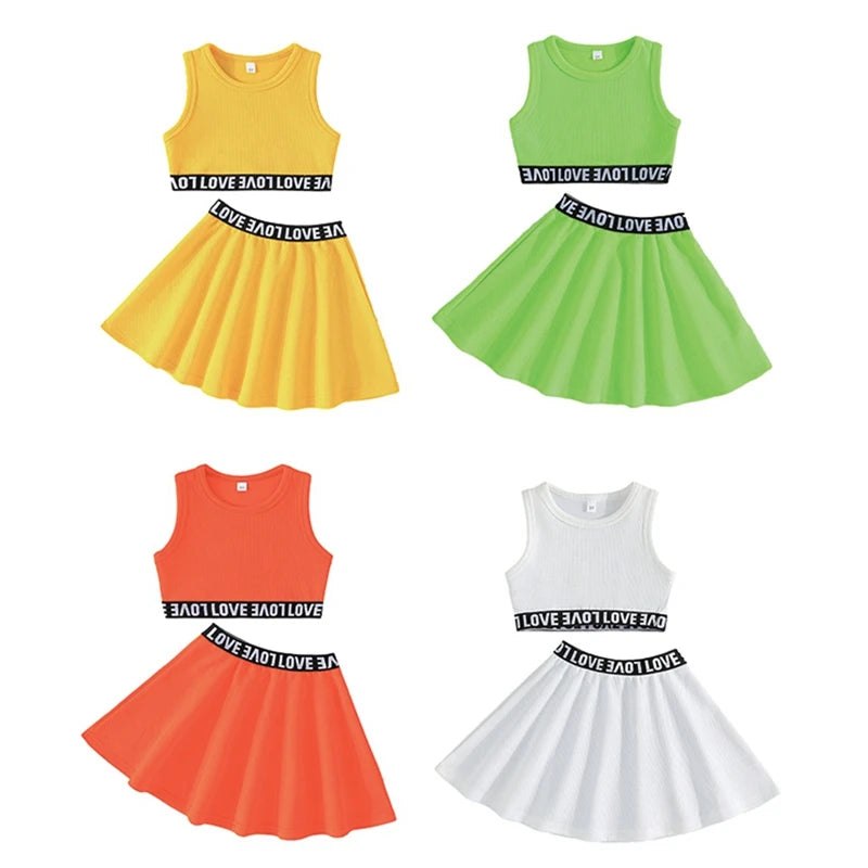 2PCS Children Baby Girl Clothing Set Sweet Sporty Style Round Neck Vest Top+Short Skirt Fashion Summer Outfit for 3-8Y Kids Girl