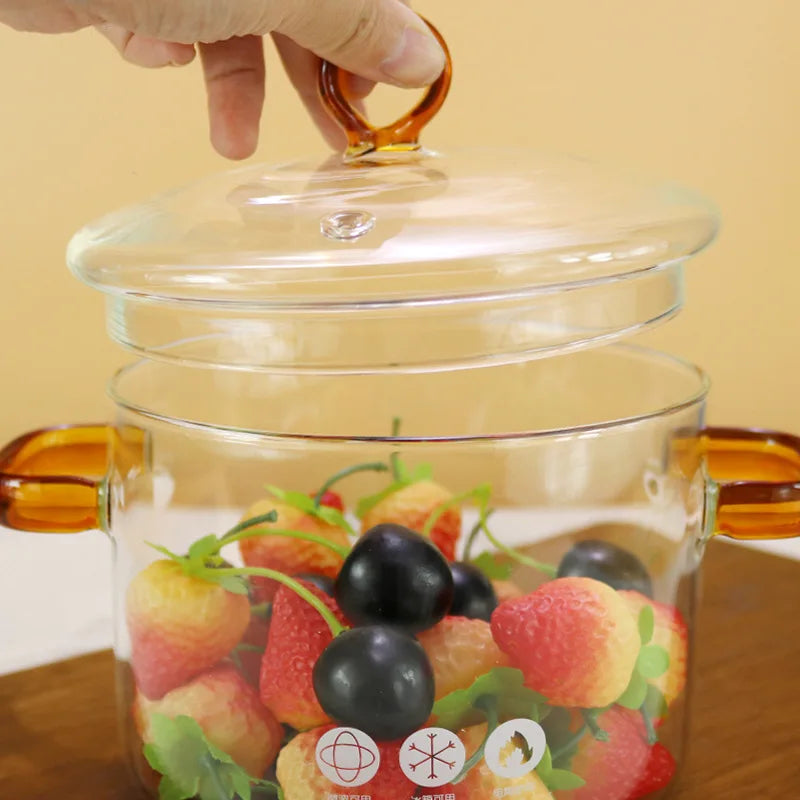 Clear Glass Cooking Pot Nonstick Heat Resistant Soup Stock Pots with Cover Noodle Bowl with Binaural Handle Kitchen Cooking Pots