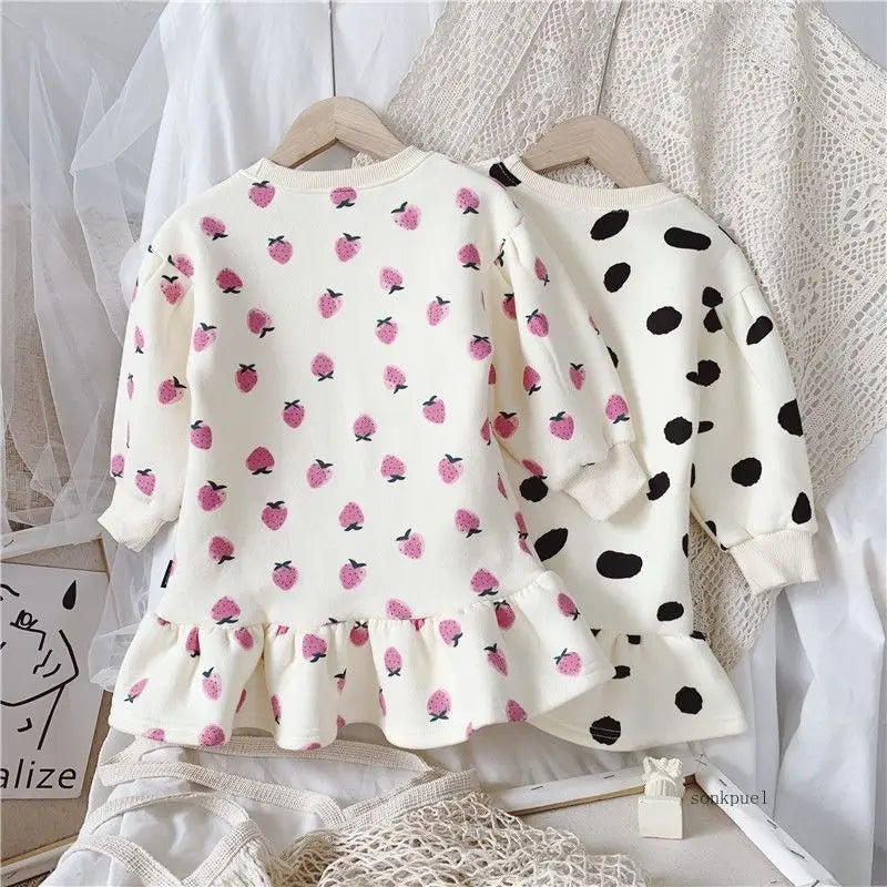 Girls' Dress Cartoon Strawberries Autumn New Korean Girls' Splicing Pleated Dress Printed Baby Kids Casual Clothes