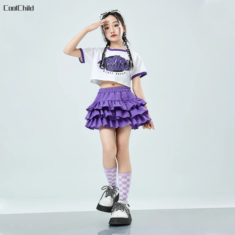 Girls Cute Summer Streetwear Children Hip Hop Crop Top Purple Tiered Skirts Clothes Sets Kids Teens Street Dance Jazz Costumes