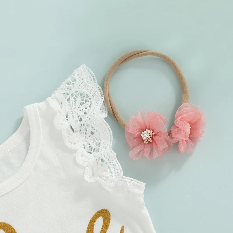 3 Pcs Baby Girls Casual Princess Outfits Cotton Letter Fly Sleeve Round Neck Bodysuit + Tulle Tutu Skirt + Bow Headband