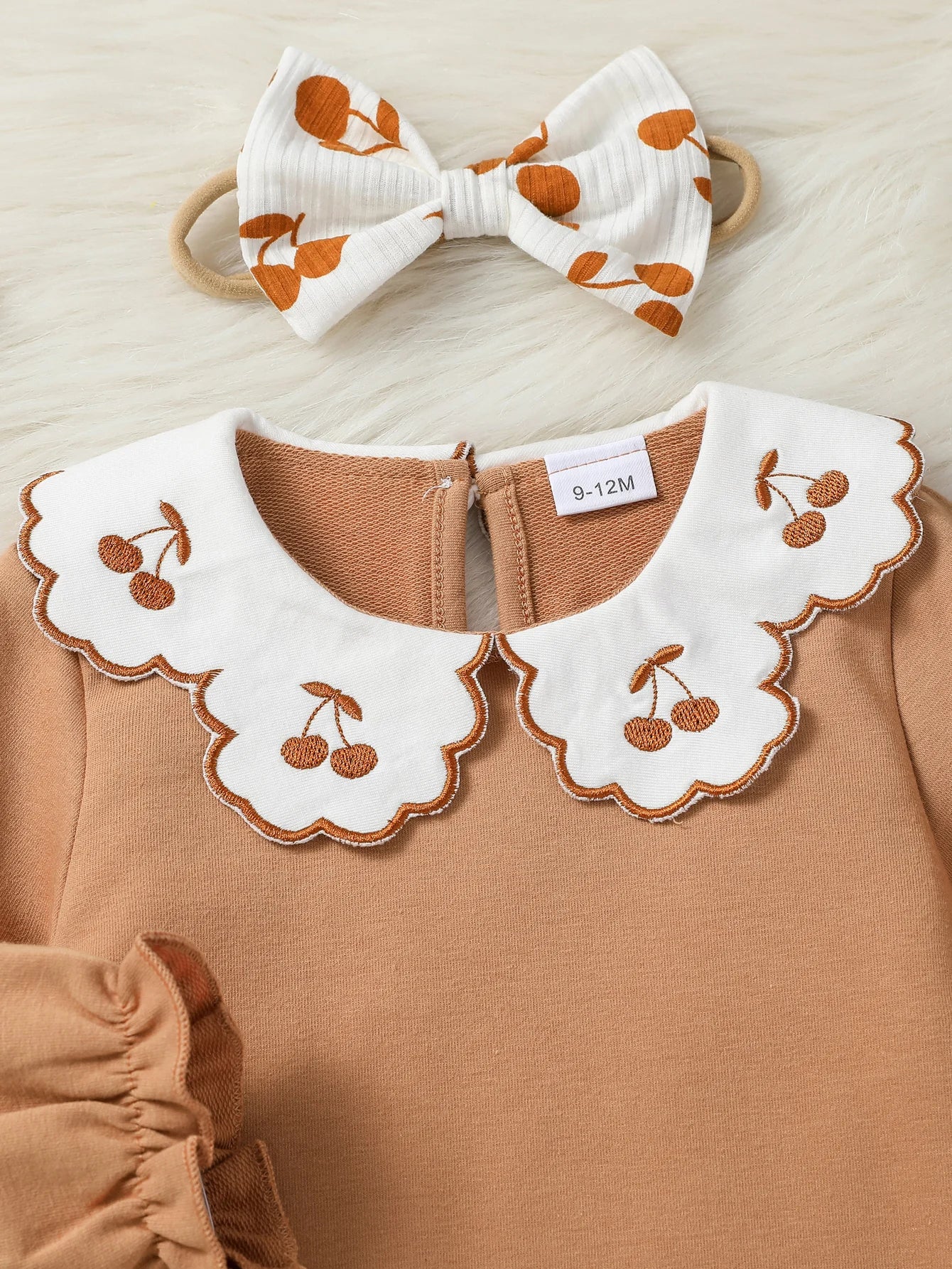 Baby Girl Honey Fall Outfits Cherry Embroidered Doll Collar Long Sleeve Romper + Flare Pants For Newborn-18M 2Pcs Clothes Set