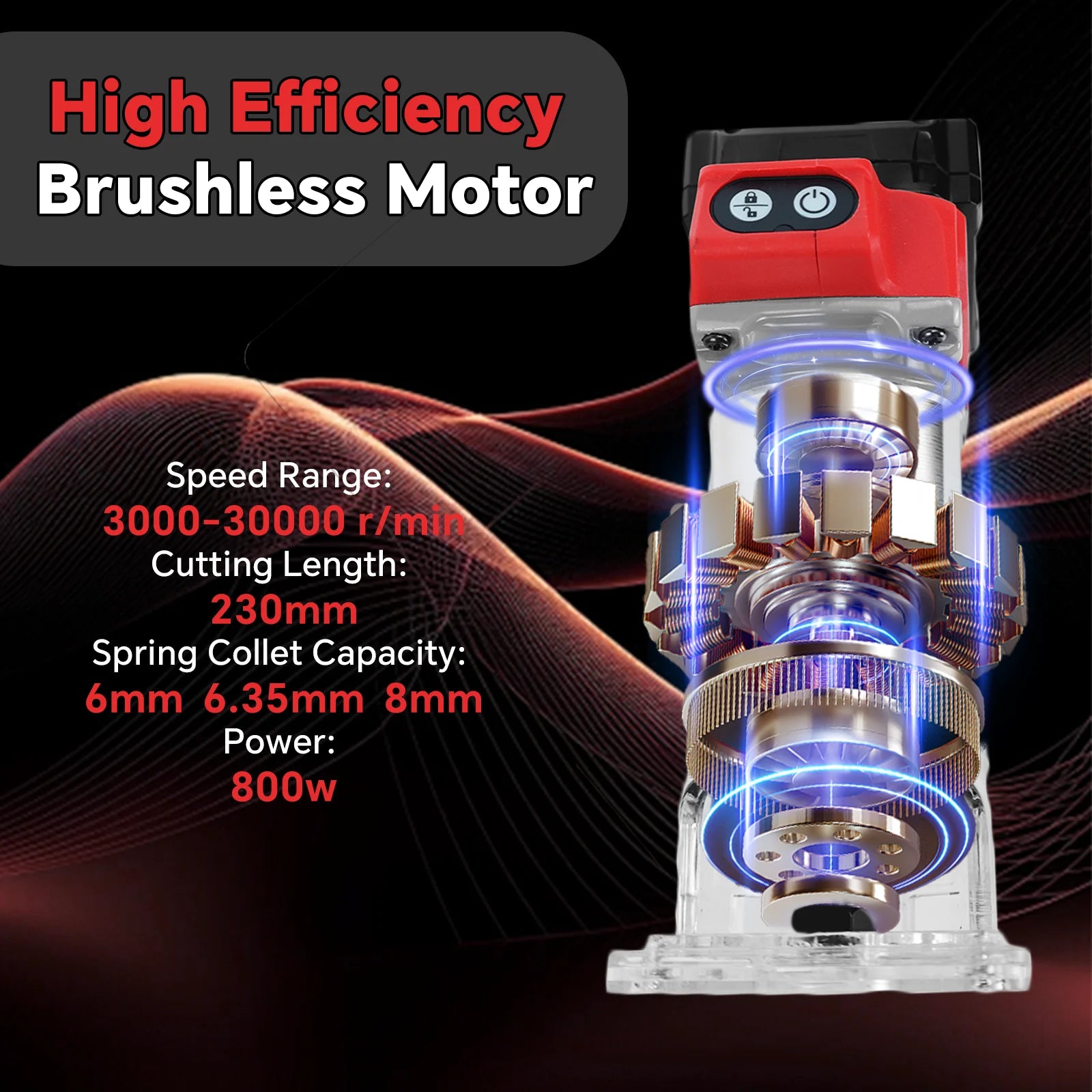 Cordless Wood Router 800W 30000RPM Brushless Electric Trimmer Woodworking Trimming Machine for Milwaukee 18V Battery(No Battery)