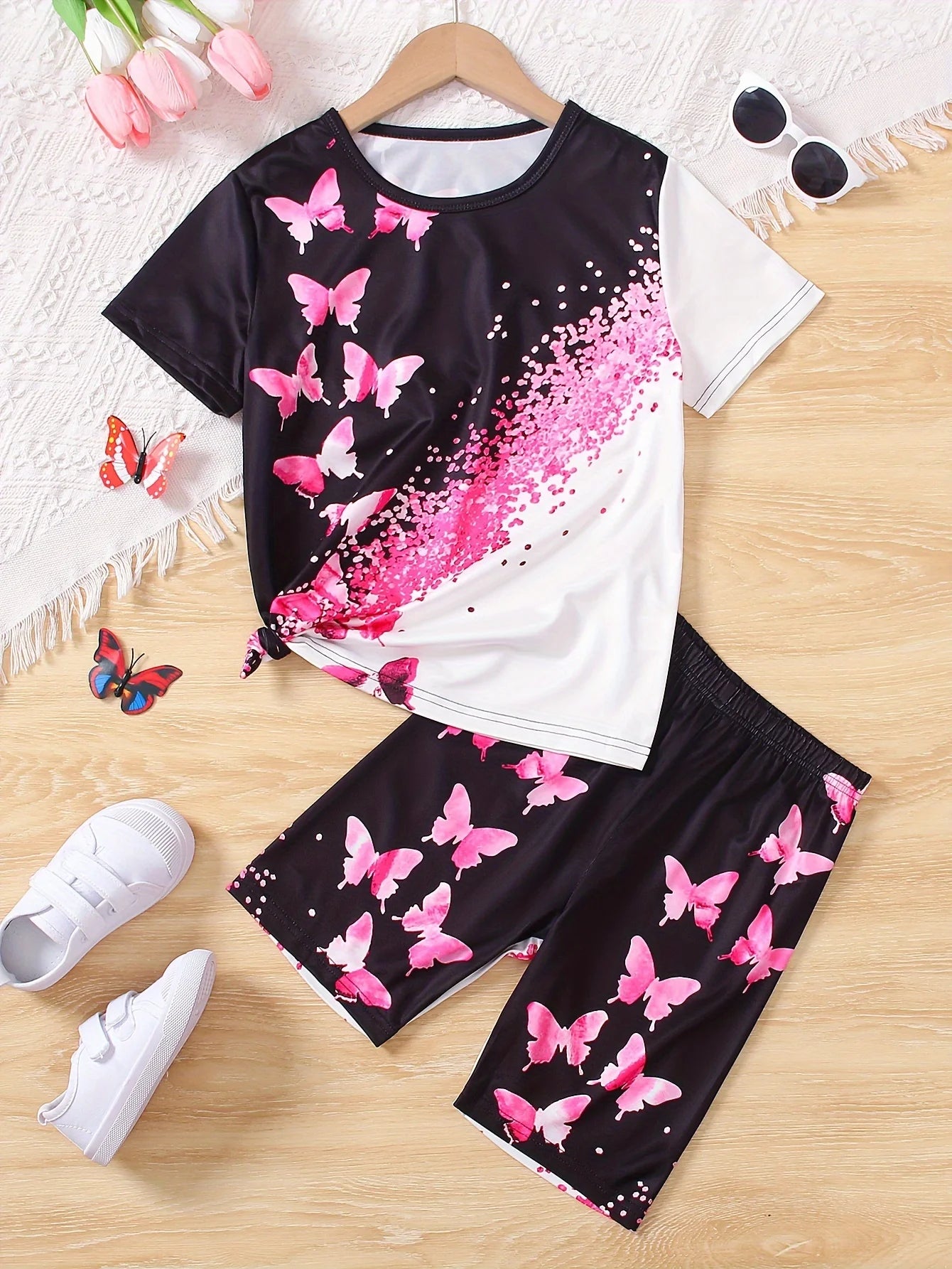 Children's Clothing Set for Girls Short Sleeve Girl Shorts 3D Butterfly Print Casual Girls Summer Clothes Pink Children's Sets