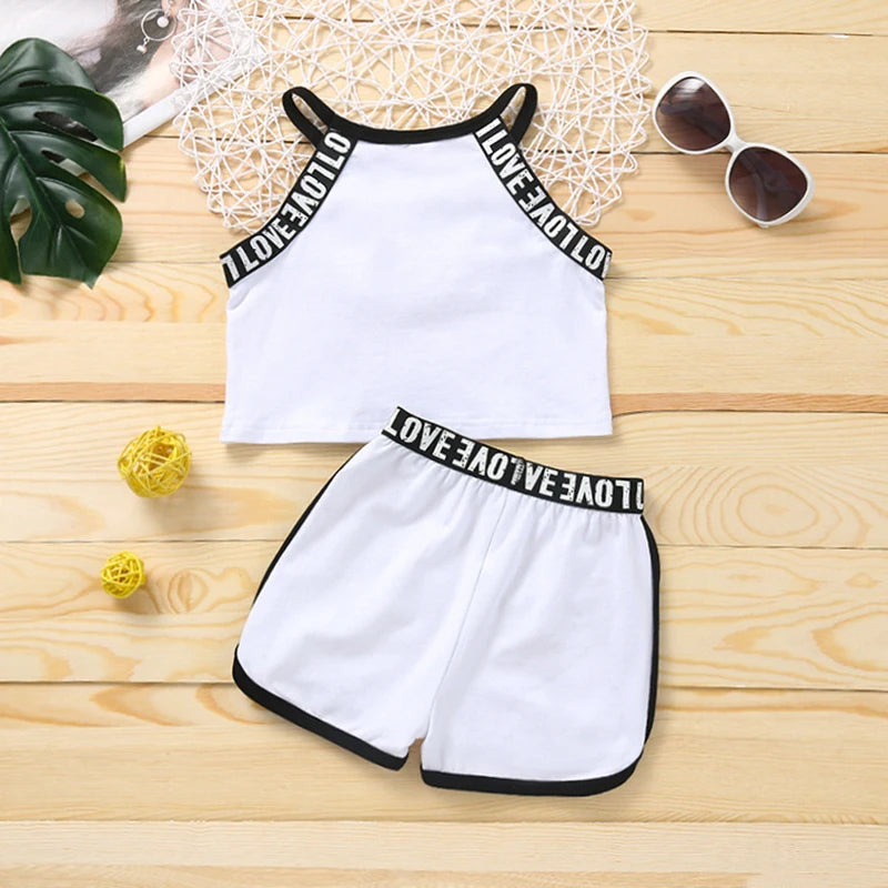 Trendy Summer Children's Sports Clothing Set 2-6Y Patchwork Letter Camisole and Shorts 2Pcs for Girls Kid's Casual Vest Outfit
