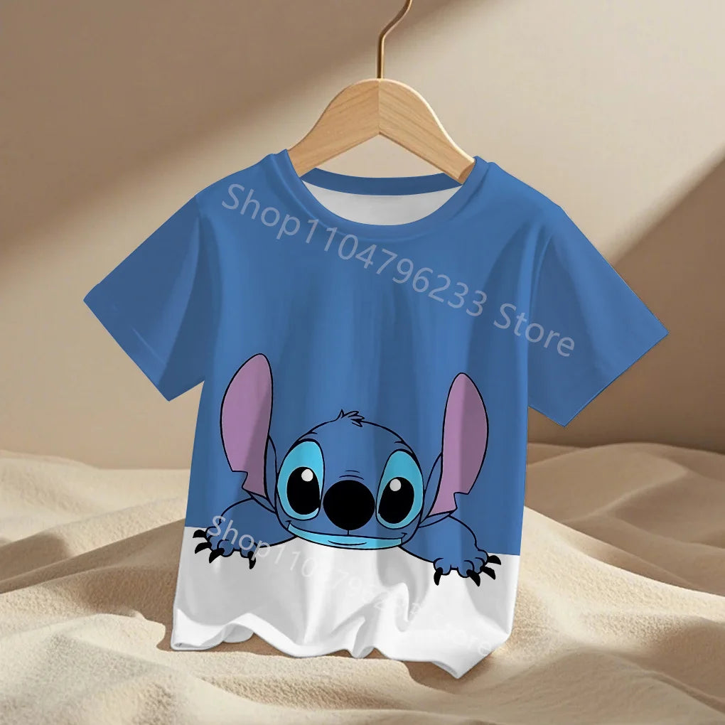 3-14Y Children's Disney Stitch T Shirts Summer Girls Lovely Short Sleeve Daily Casual Tops Boys T-shirt Homewear Graphic Tees