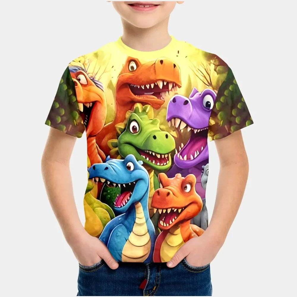 Kids Boy Clothes 3D Cartoon Dinosaur Graphic T Shirts Fun Children's Clothing Summer Crew Neck Short Sleeves T-Shirts for Boys