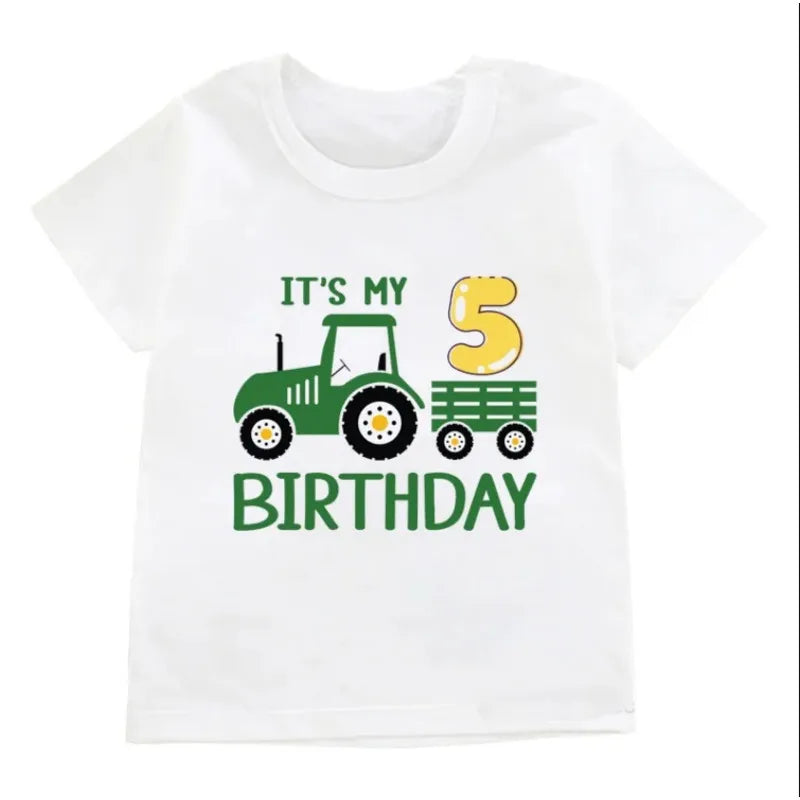 Funny Birthday Boys Girls Cool Farm Tractor Printed Clothes Children Happy Party Gifts Baby Short Sleeved Tops
