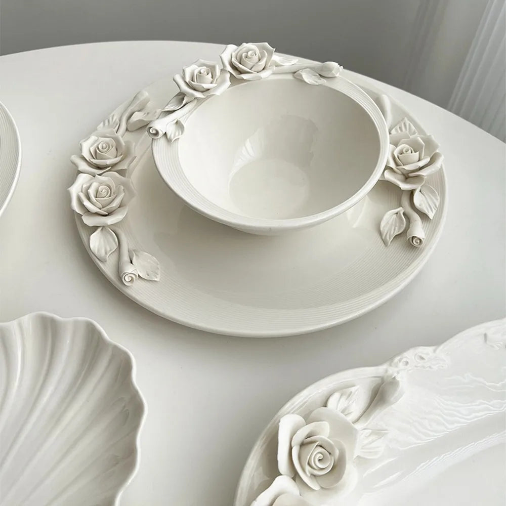 European Relief Hand Held Flower Bowl, Plate, Cup And Tableware Set For Home Afternoon Tea, Exquisite Ceramic Display Plate