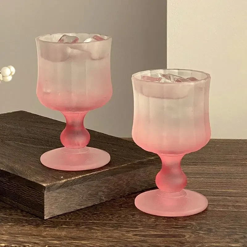 Matte Gradient Powder Pleated High Footed Glass Cup High Aesthetic Glass Red Wine Champagne Glass High-value Pink Goblet