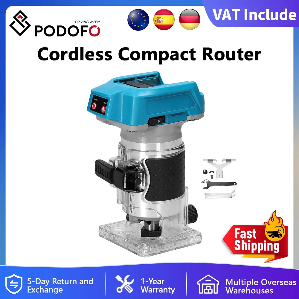 Podofo Cordless Compact Router Brushless Router Wood Trimmer Router 6.35mm Trim Diameter Palm Router Suitable for Makita Battery