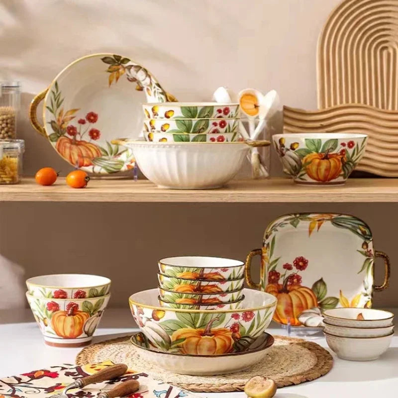 1PC Pumpkin Bowl Dish Tableware Household Ceramic Dishes Soup Double Ear Baking Plate Circular Bamboo Hat