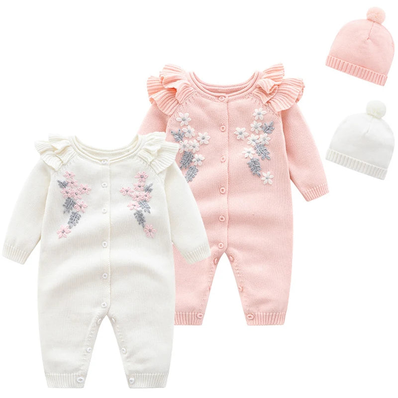 Spring New Toddler Baby Girl Knitting Romper+Hat Floral Embroidery Romper Long Sleeve Autumn Infant Baby Girls Knitting Jumpsuit