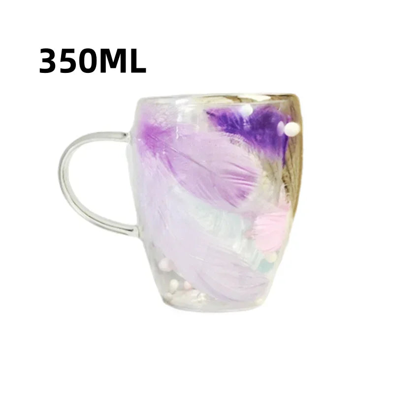 250/350ML Feather Design Glass Cup with Handle Double Layer Coffee Cup Transparent Heat Resistant Home Office Exquisite Gift Cup