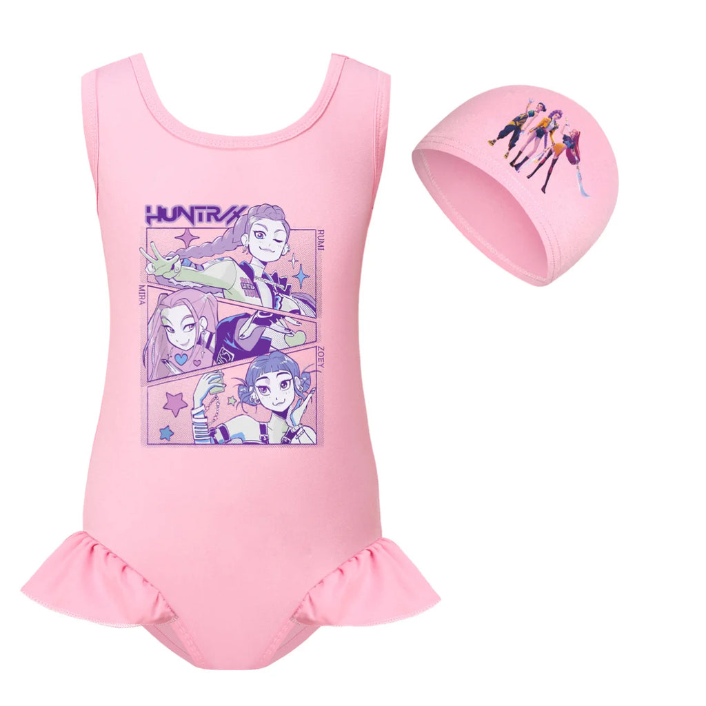 KPop Demon Hunters Huntrix Clothes Kids Swimwear Girls Summer One-Piece Swimsuit Children Sleeveless Swiming Biniki Sets