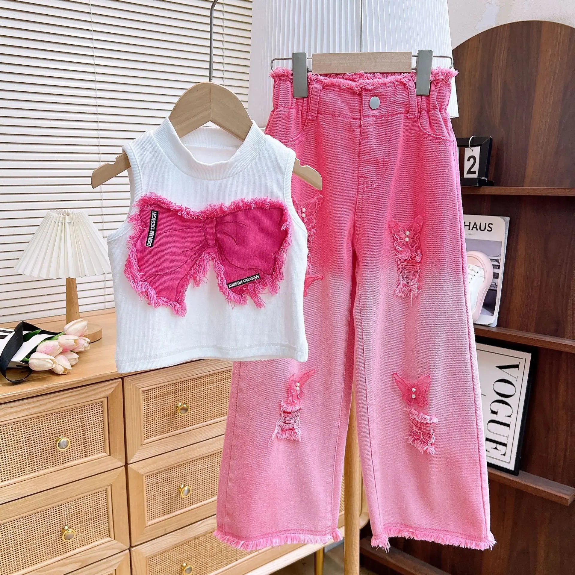 Girls' Summer Clothing Set 2025 Fashion Children's Sleeveless Top+ Ripped Jeans Two-piece Set Baby Clothes