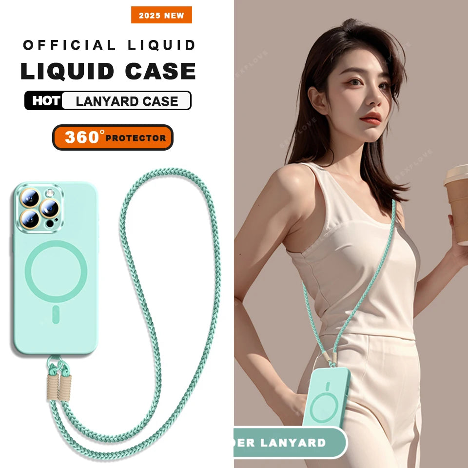 Lanyard Magnetic Phone Case For iPhone 15 14 16 Plus 11 12 13 16 Pro Max Magsafe Liquid Silicone Strap Charge Protector Cover