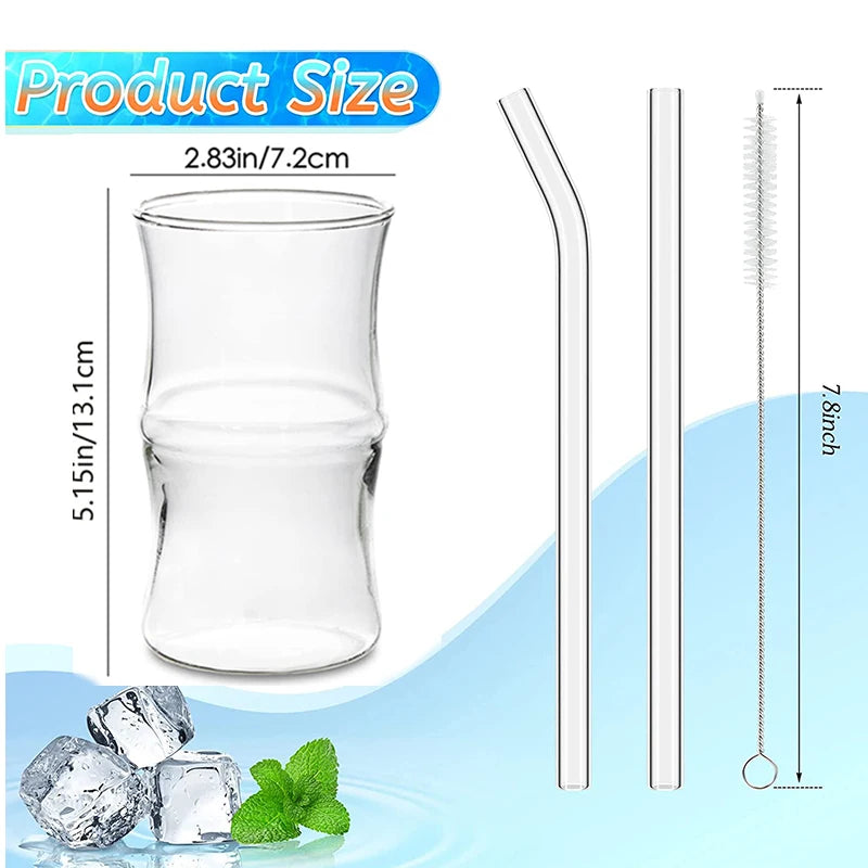 4 Pcs Creative Glass Cups Cute Ripple Shaped Vintage Drinking Glasses Ribbed Glassware with Straws Set for Kitchen Coffee Juice