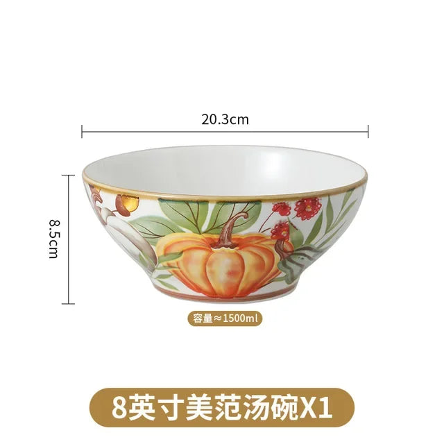 1PC Pumpkin Bowl Dish Tableware Household Ceramic Dishes Soup Double Ear Baking Plate Circular Bamboo Hat