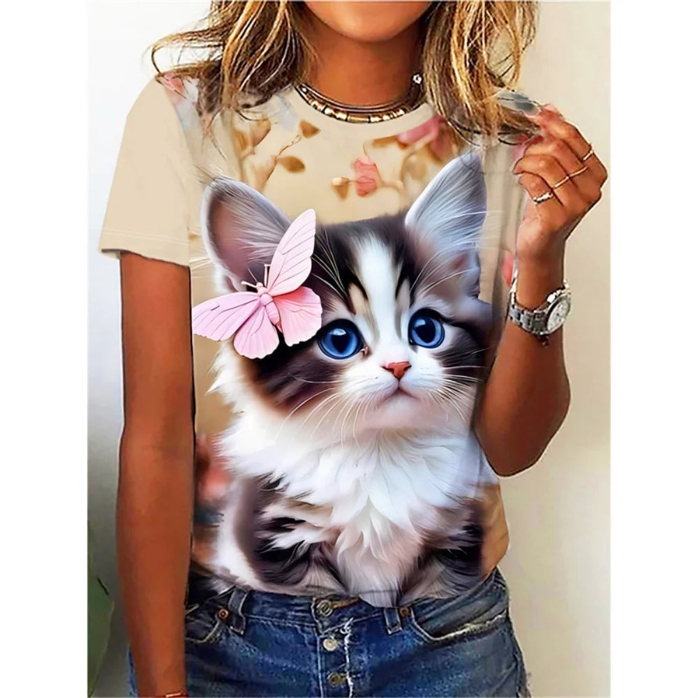 Funny Cat Pattern Children's T-Shirt Girl Cute Animal 3D Printed Fashion Top Short Sleeve Tee Summer Children Clothes Girl Tops