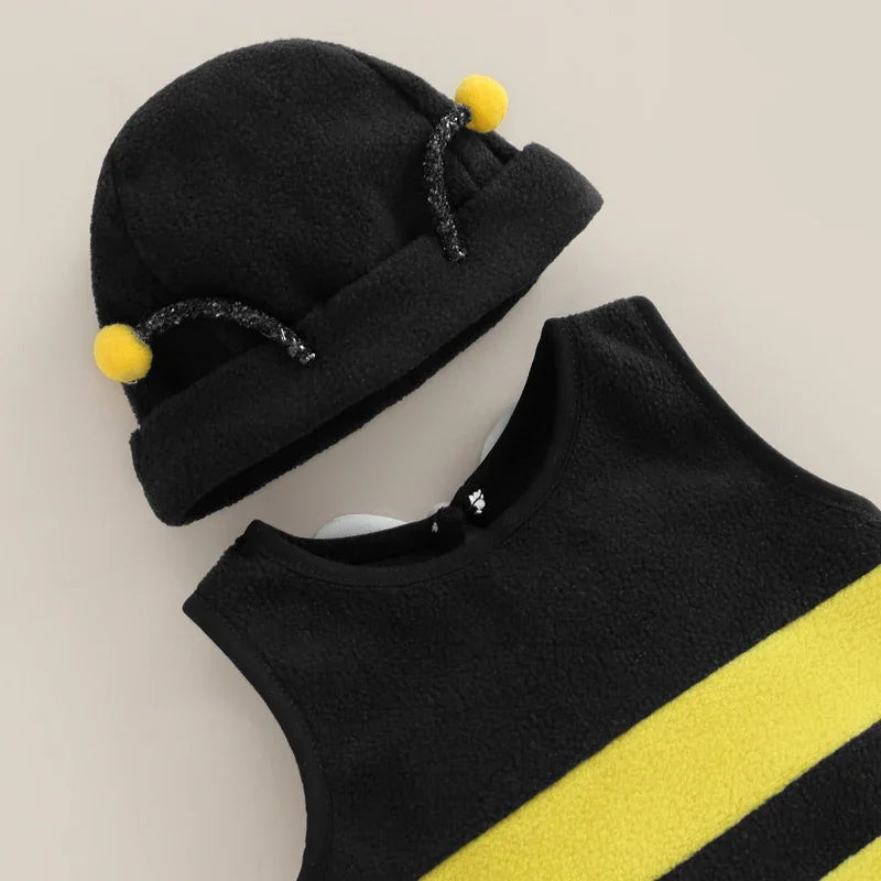 Baby Boys Girls Bee Romper Stripe Sleeveless Back White Wing Decor Jumpsuits Casual Costume Clothes Infant Bodysuits with Hat