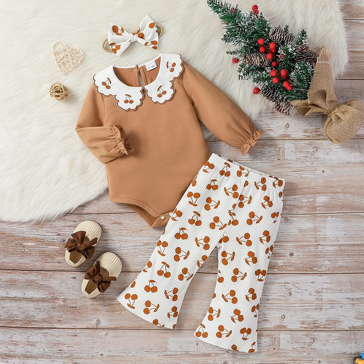 Baby Girl Honey Fall Outfits Cherry Embroidered Doll Collar Long Sleeve Romper + Flare Pants For Newborn-18M 2Pcs Clothes Set