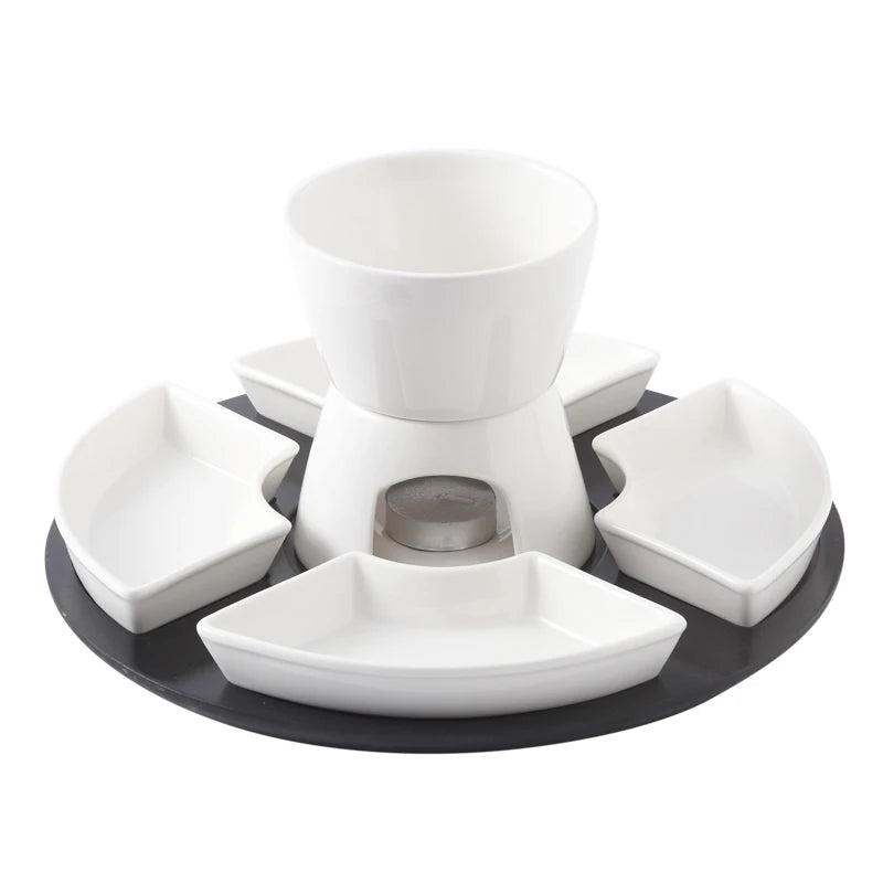 White Ceramic Chocolate Fondue Pot with 4 Dishes Forks Porcelain Diy Fondue Serving Set for Cheese, Chocolate, Icecream