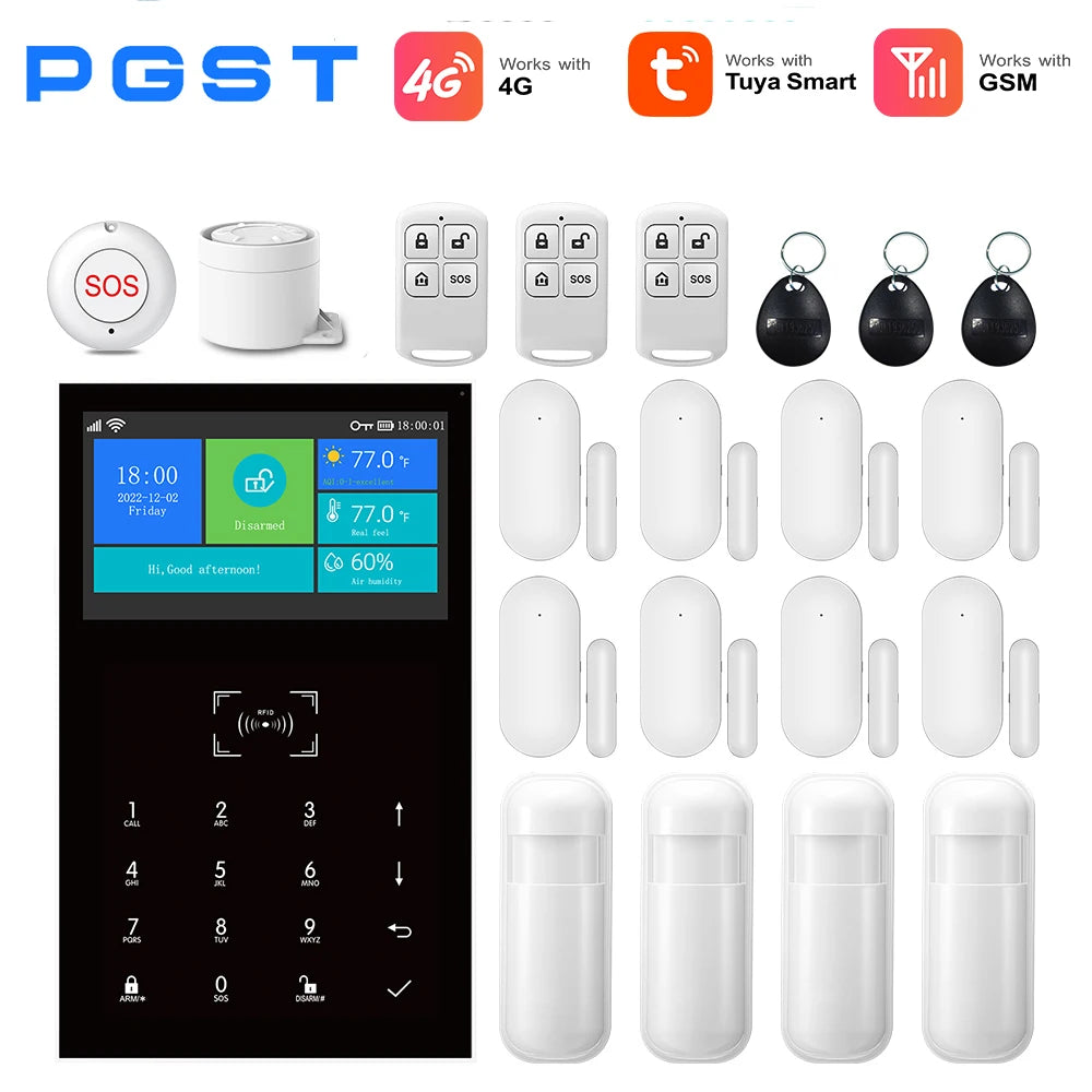 PGST GSM WIFI Smart Home Alarm System Tuya 4G Wireless Smart Life APP Control With Alexa 433MHz Safe Security Door Sensor Siren