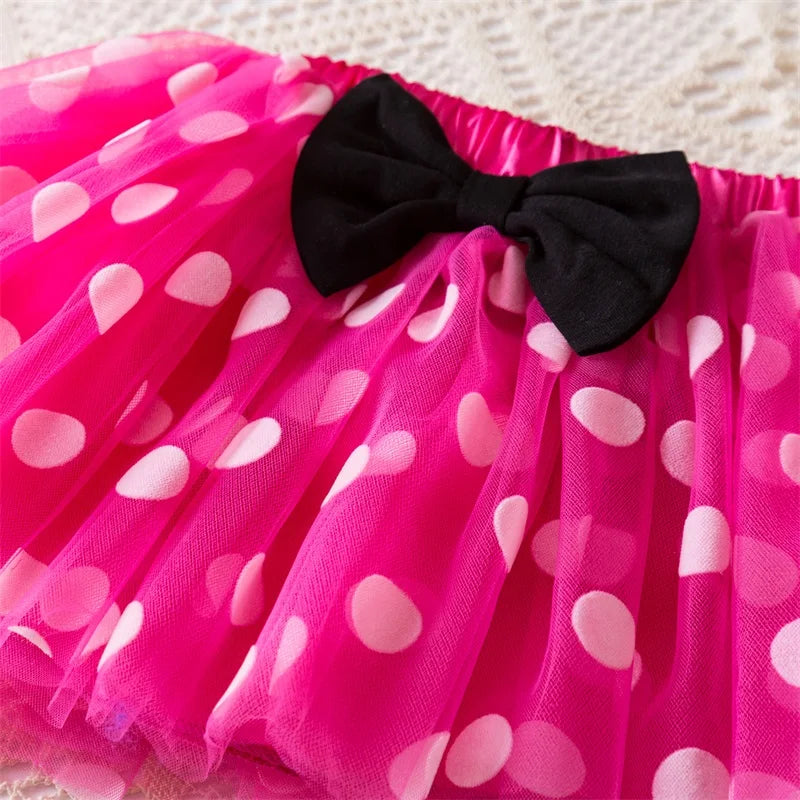 3Pcs Baby Girl 1st Birthday Dress Sets Short Sleeve Top &amp; Polka Dot Skirt &amp; Bow Headband Newborn Outfit Minni Cosplay Dress