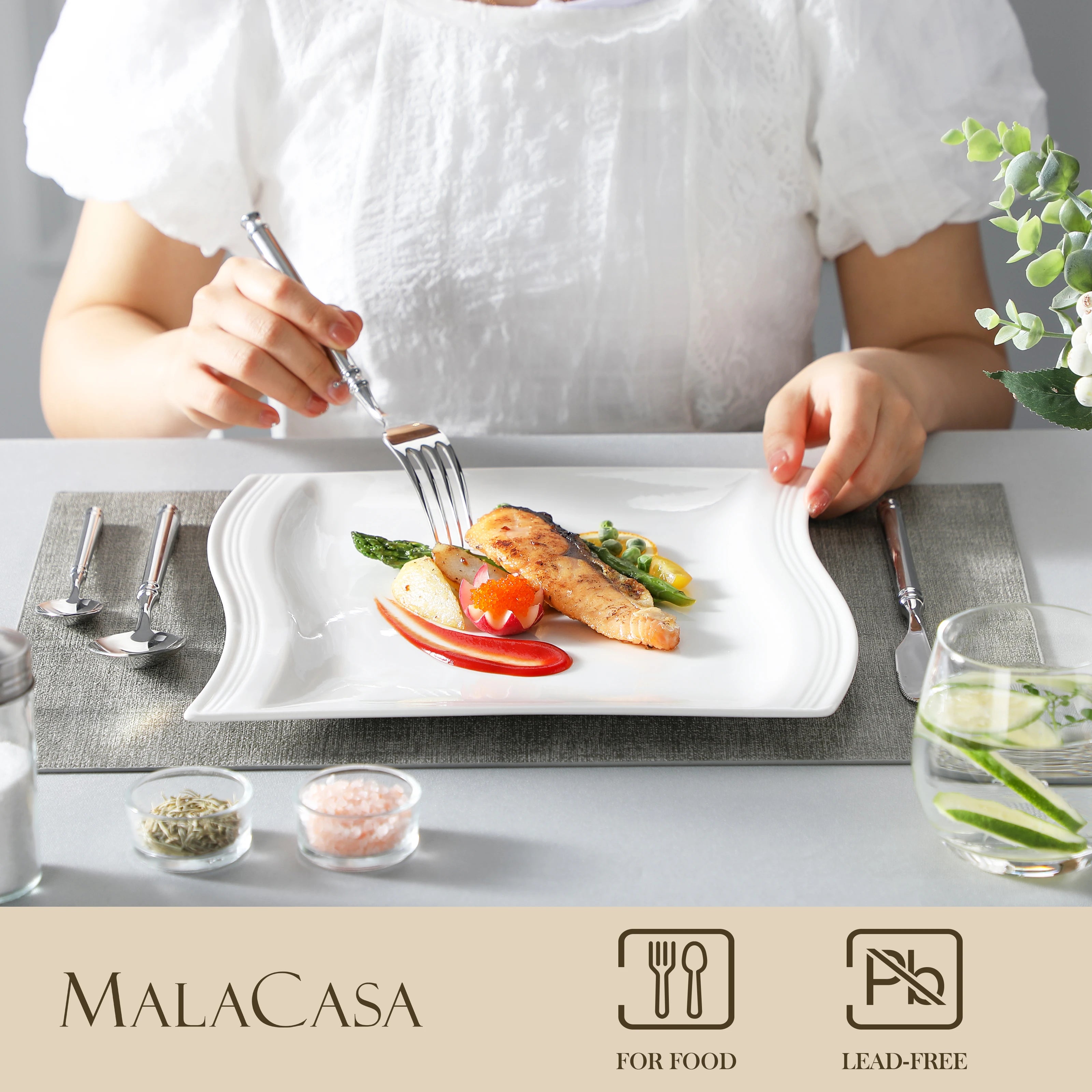 MALACASA 6/12 Piece Flora 10.25" Ivory White Porcelain China Ceramic Cream White Dinner Plates for Dinner/Cake/Beef/Pasta/Fruit
