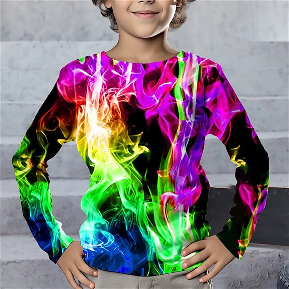 Children's Clothing Tshirt for Kids Boys 9 to 14 Lightning Geometry Long Sleeve T-Shirt Boy One Piece Casual Top High Child Tees